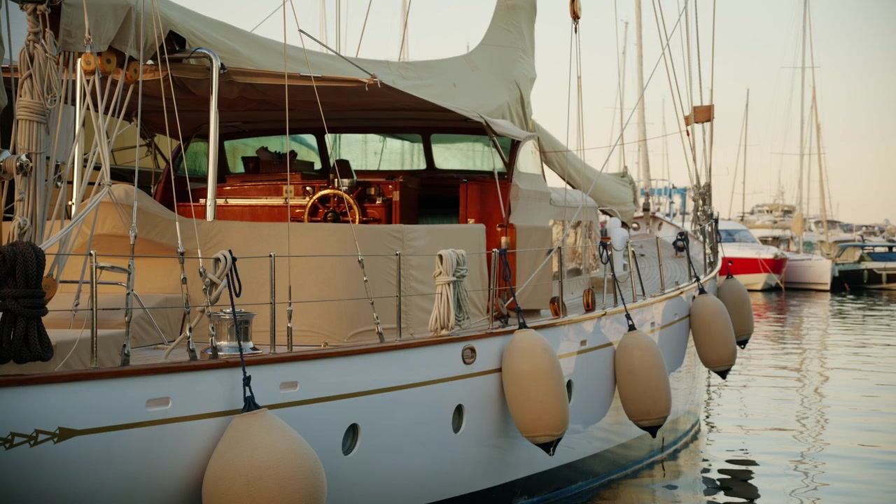 Elegante yacht a vela ancorato in un porto turistico calmo durante l'ora d'oro