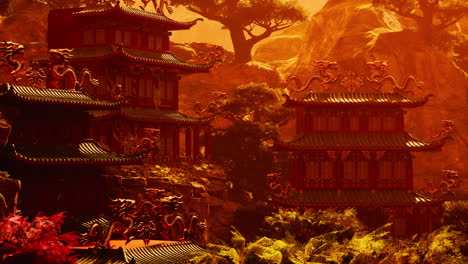 red dragon temples in a mountainous sunset