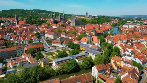 4k aerial drone video of the beautiful homes and churches in the little venice area of bamberg, germany