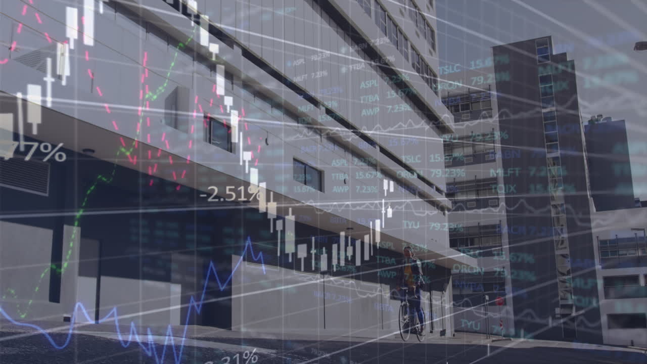 변화하는 숫자를 가진 그래프의 애니메이션, 건물 에서 자전거를 타는 아프리카계 미국인 여성