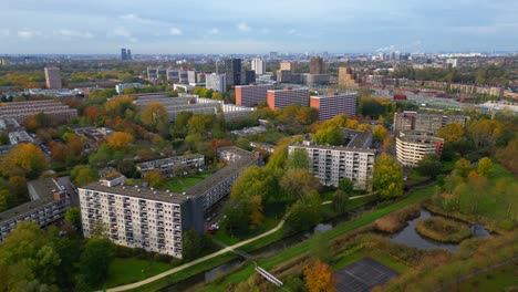 Nieuwendam-residential-neighbourhood-in-Amsterdam-Noord-drone-orbit-to-left