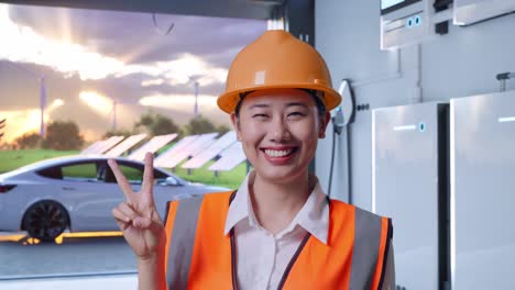 Close Up Of Asian Female Engineer With Safety Helmet Smiling And Showing Peace Gesture With Home Energy Storage System In a Modern Garage