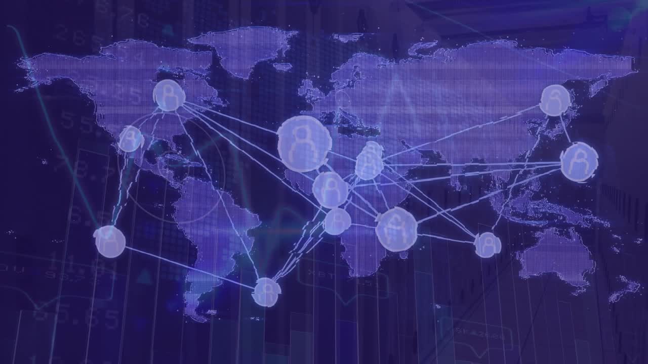 After Europe node pulsing, global nodes appearing and connecting via lines visualizing data flow