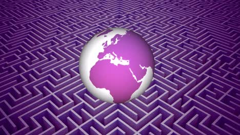 Animation-of-spinning-globe-over-maze-pattern-on-purple-background