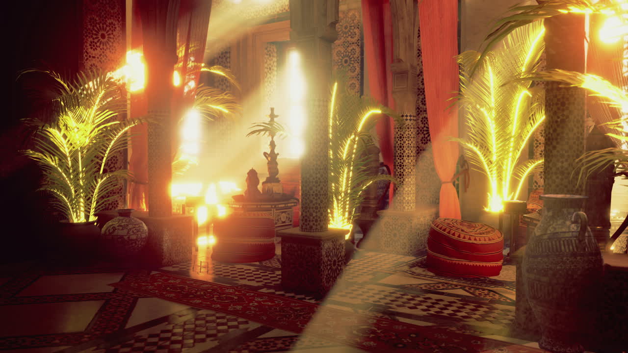 Charming interior of a moroccan lounge with golden sunlight illuminating space