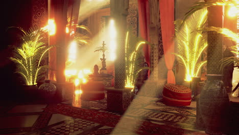charming interior of a moroccan lounge with golden sunlight illuminating space
