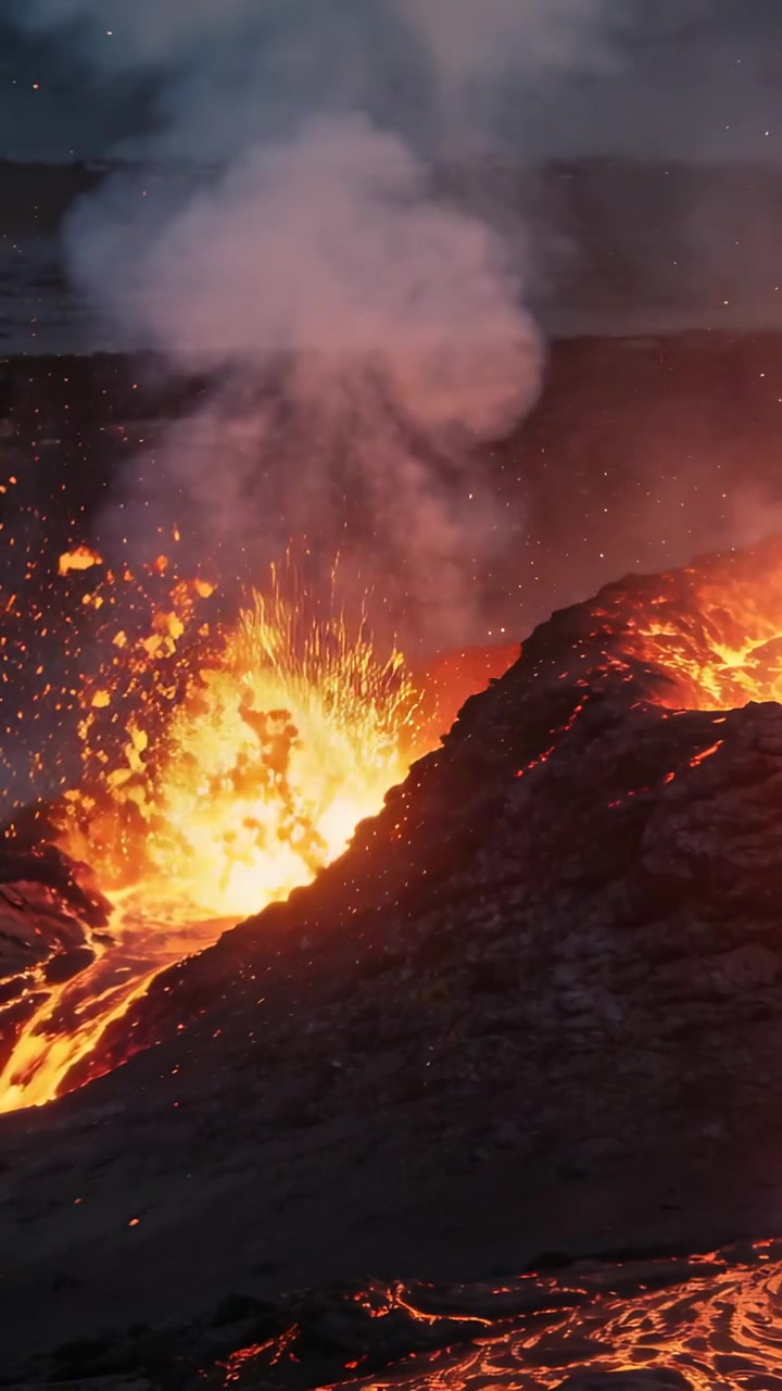 Video verticale: Vapore che erutta da una fessura lanciando una fontana di lava, con la colata lavica che si riversa oltre il bordo del cratere.