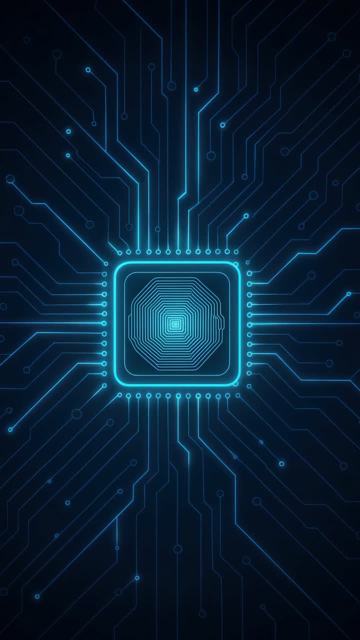 Top-down view of a glowing blue circuit board, highlighting a central processor