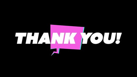 animación de girar gracias banner de texto sobre burbuja de habla rosa contra fondo negro