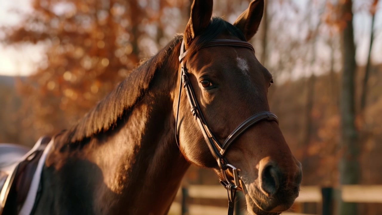 Un Maestoso Cavallo Marrone Si Erge Fiero nell'Abbraccio dell'Autunno, Mettendo in Mostra le Sue Caratteristiche Aggraziate e il Manto Radioso Sotto la Luce Dorata del Sole