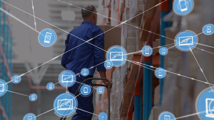 Animazione di rete di connessioni su lavoratore maschio caucasico in magazzino