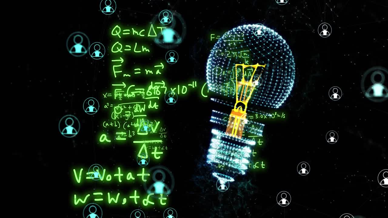 Animation of light bulb, chatbot icons and data processing