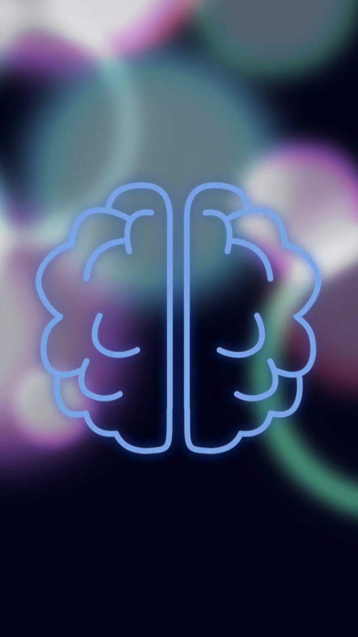 Vertical video: Bokeh lights appearing, neon brain pulsing, shrinking, fading to highlight glow