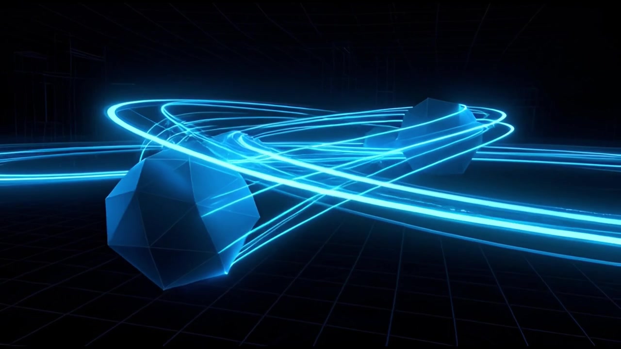 Abstract 3D Geometric Shapes with Glowing Blue Light Trails