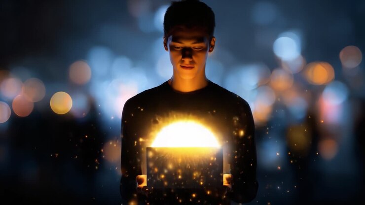 Un viaggio mistico: una giovane persona tiene in mano una scatola che emette scintille magiche in un ambiente onirico pieno di bokeh ed enigmatici effetti di luce