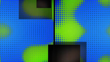 animation of split screen with grey squares and blue pixels changing size on green background