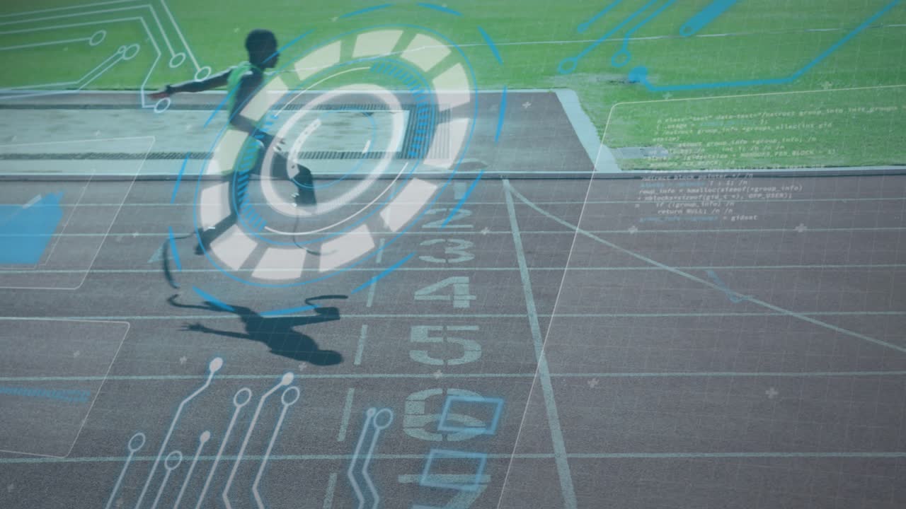 Animation of processing circle and digital screen over african american male with running blade
