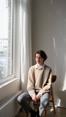 young woman sitting by a window bathed in natural light