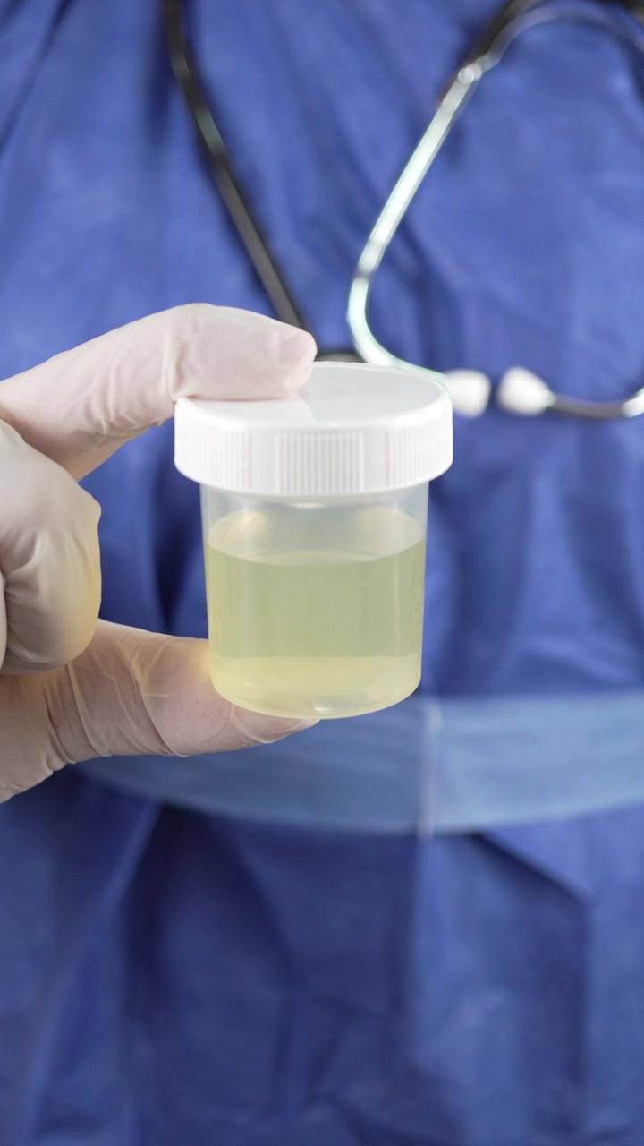 Dita guantate tengono un contenitore trasparente per campioni di urina davanti a un'uniforme blu con stetoscopio. Inquadratura verticale pulita per test di laboratorio, diagnostica o concetti di formazione sanitaria