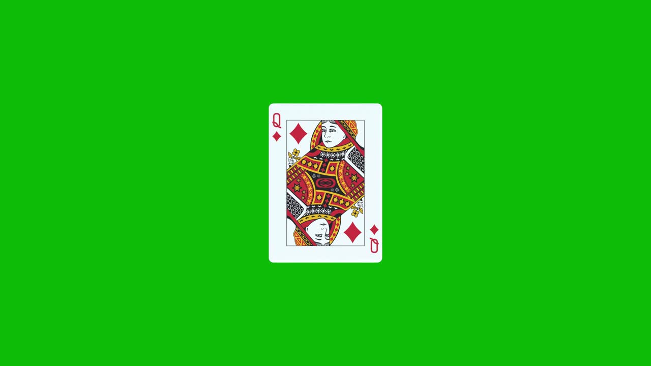 Queen of diamonds poker card spins and reveals on green screen, 3D animation. You can adjust the timing of the clip to control the reveal effect
