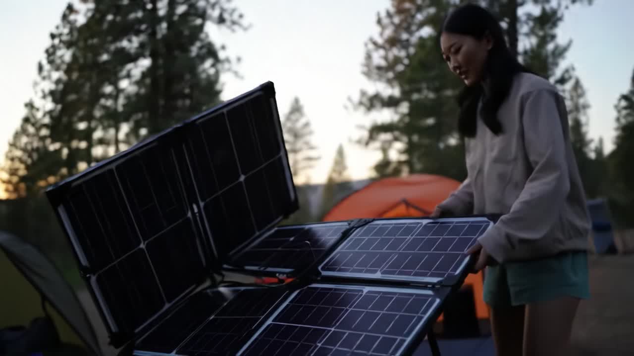 A Young Woman Sets Up Portable Solar Panels at a Campsite Surrounded by Nature, Preparing for an Eco-Friendly Outdoor Adventure with Renewable Energy Solutions