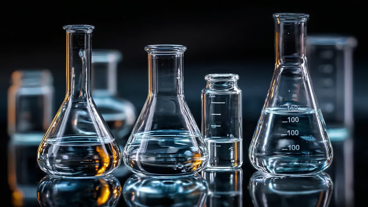 An Artistic Display of Lab Glassware: A Stunning Close-Up of Various Beakers and Flasks Reflecting Brilliant Light and Containing Clear Liquid for Scientific Exploration