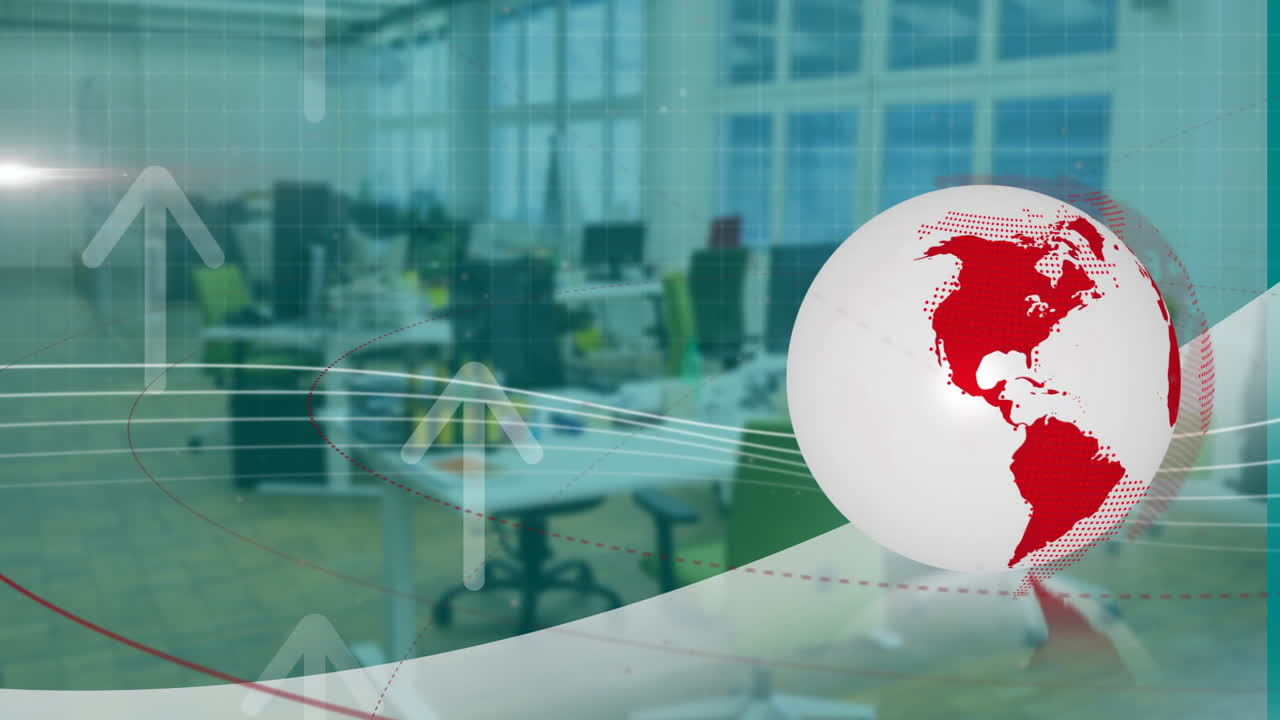 White globe and upward arrows animation over modern office interior