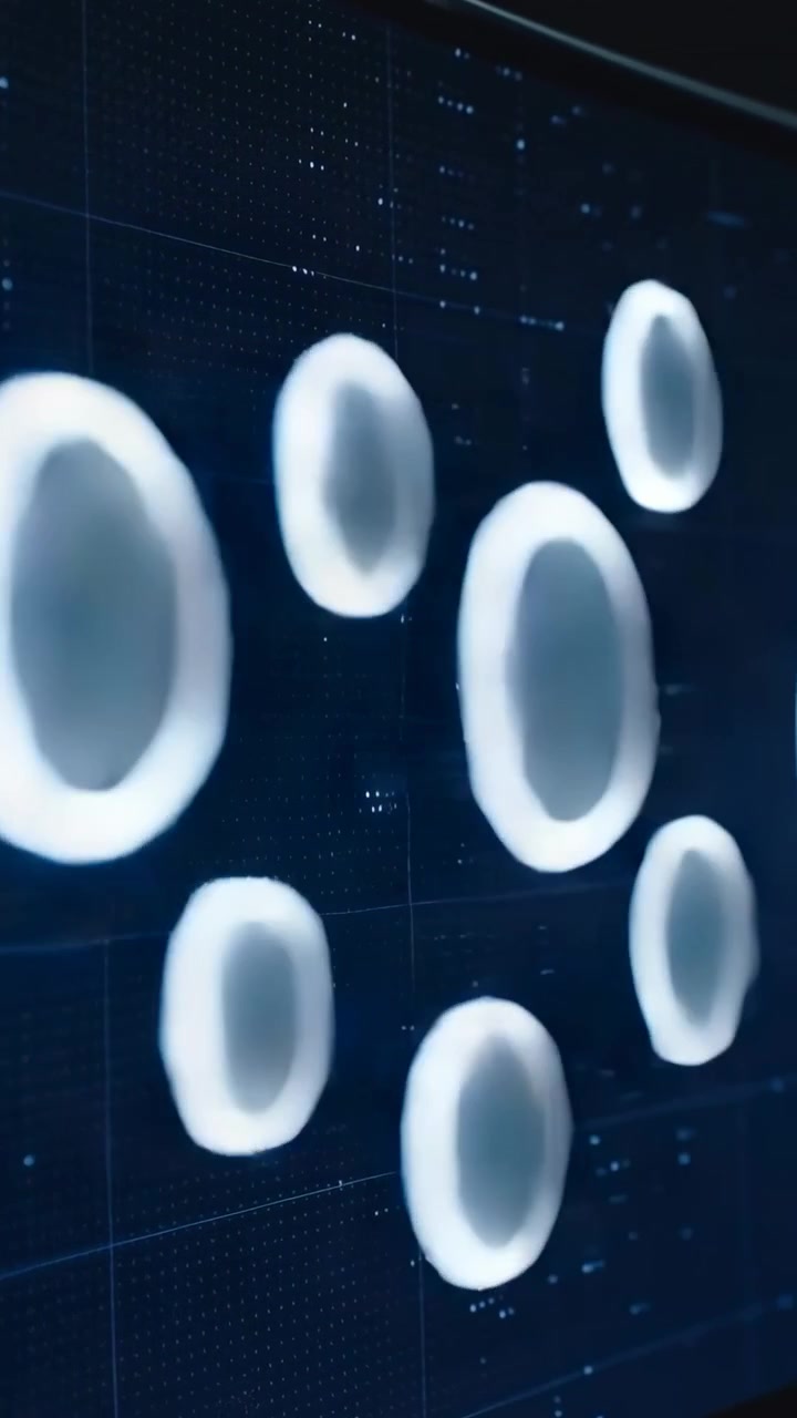 Video verticale: Anelli toroidali bianchi che appaiono, si spostano e si ridistribuiscono su una griglia blu scuro curva, mostrando profondità.