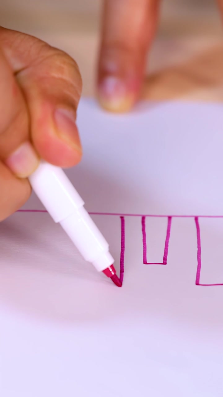 Primo piano di una mano che disegna caselle di spunta con un pennarello rosa, telecamera fissa, illuminazione interna luminosa