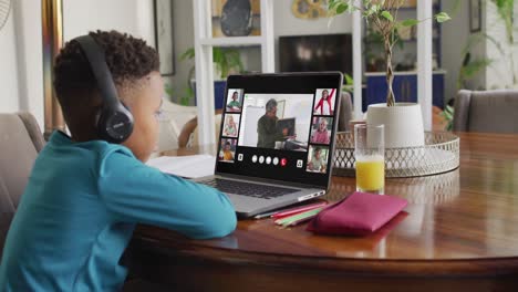 niño afroamericano usando una computadora portátil para una llamada de video, con un maestro masculino y una clase en la pantalla