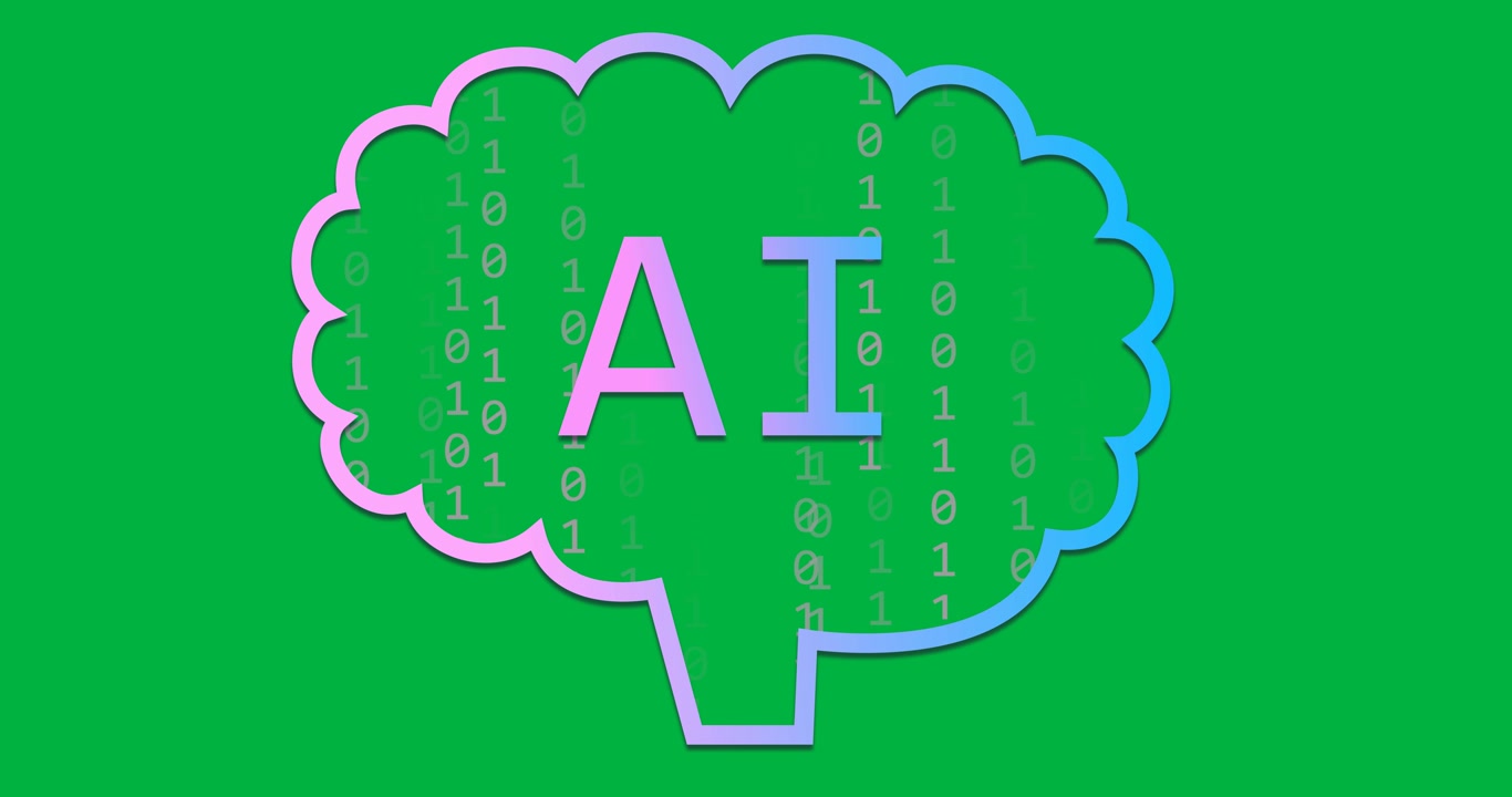Animation of ai blue and pink bot chatting over binary coding on transparent background