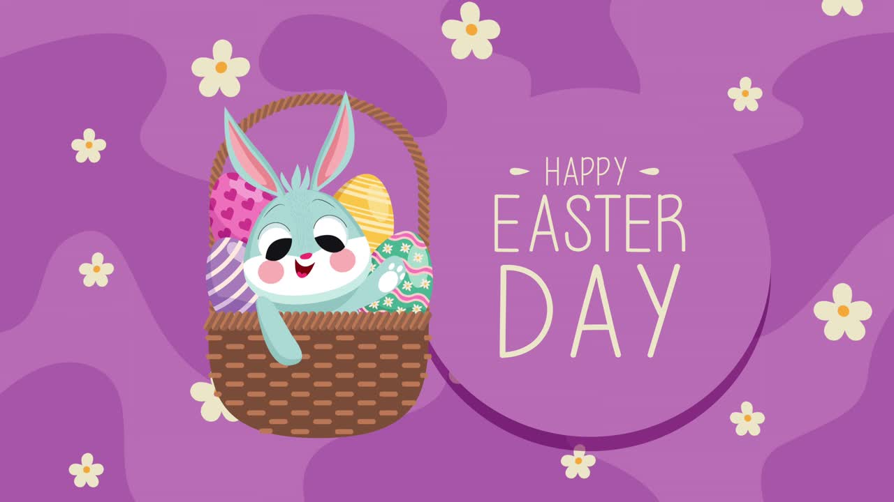 happy easter day lettering with rabbit and eggs in basket