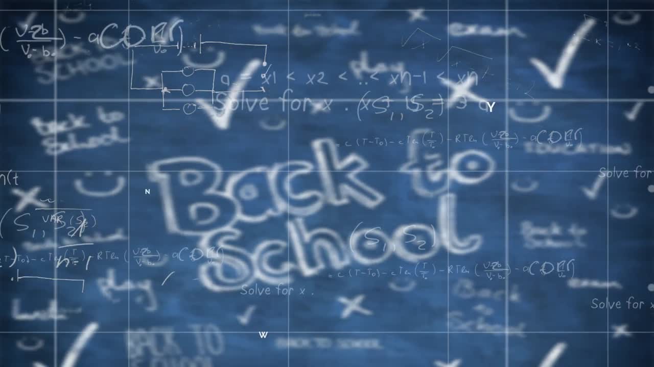 수학적 방정식의 애니메이션은 파란색 배경에 있는 학교 텍스트로 돌아갑니다.
