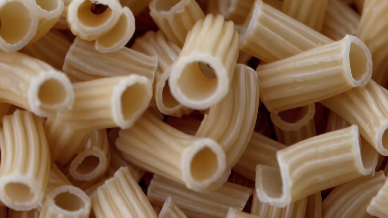 Video ravvicinato di pasta rigatoni cruda, ripreso dall'alto. La texture dettagliata e il colore naturale.