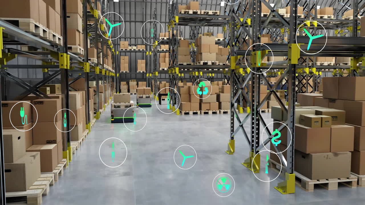 animación de iconos ecológicos sobre máquinas en el almacén