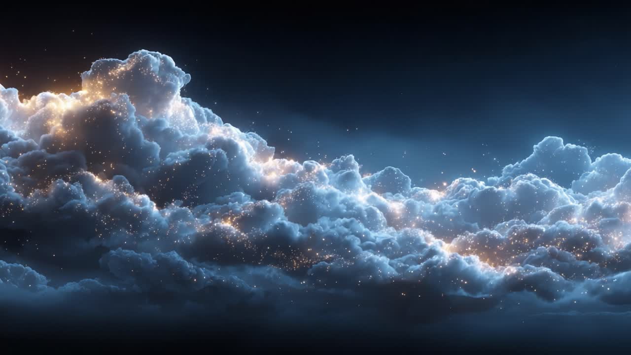 A Spectacular Display of Illuminated Clouds Against a Deep Blue Sky, Showcasing a Dreamlike Atmosphere and Ethereal Beauty at Dusk and Dawn