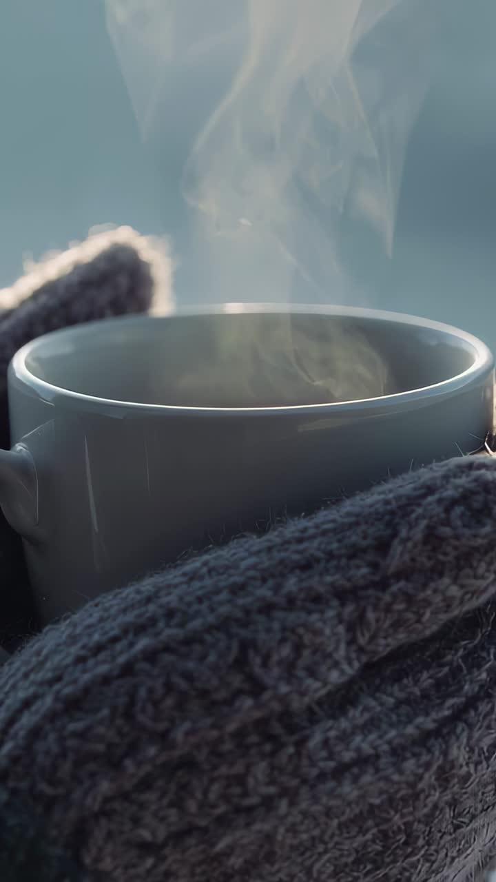 Vertical video: Gray knit gloves cradling white mug outside steam rising as cold air meeting drink