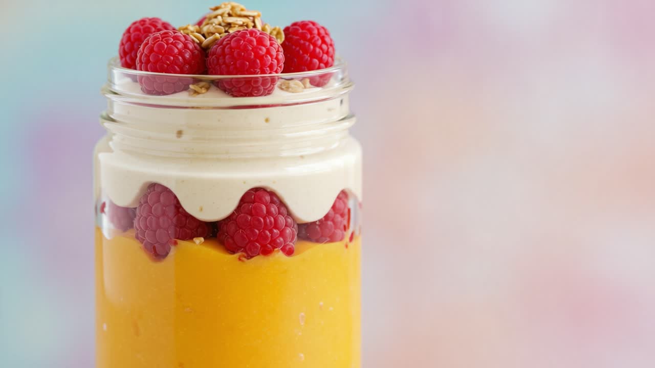 A Colorful Dessert Jar Filled with Layers of Cream, Mango Puree, and Fresh Raspberries, Perfect for Satisfying Your Sweet Cravings and Creating Delightful Moments