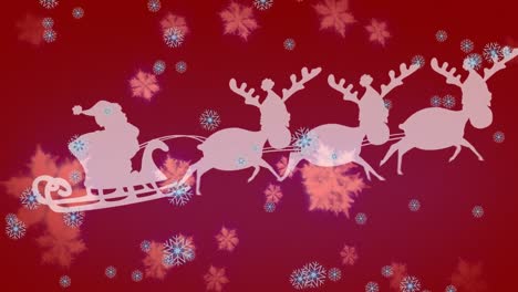 Animation-Des-Weihnachtsmanns-Im-Schlitten-Mit-Rentieren,-Der-Sich-über-Fallenden-Schnee-Bewegt