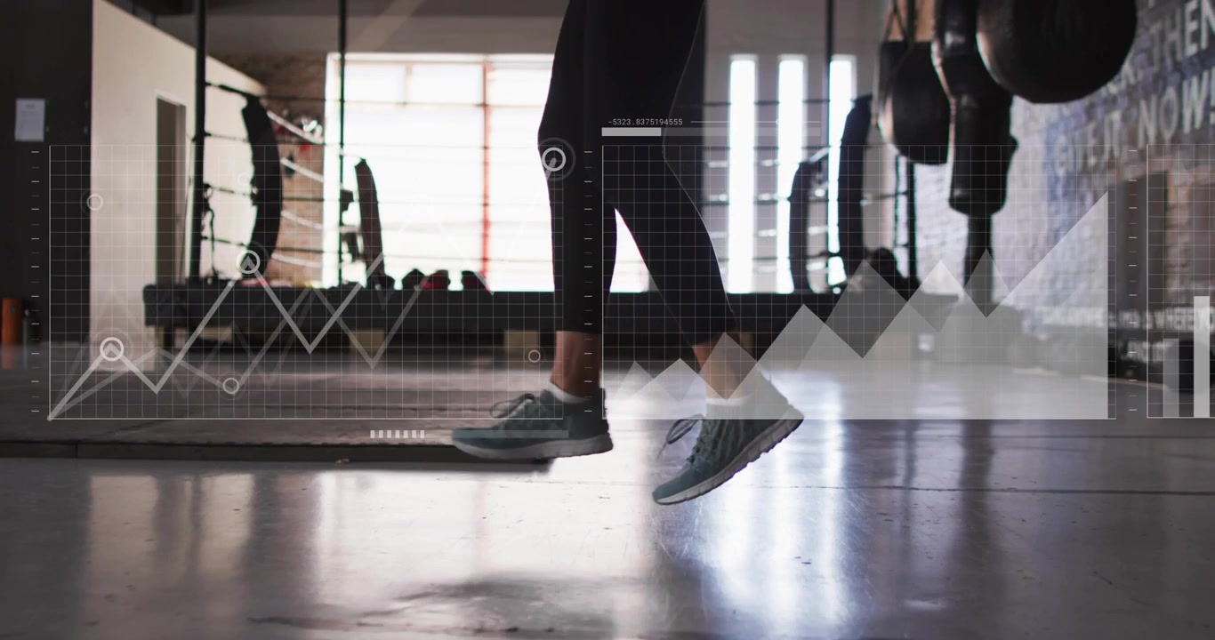 Woman starting cardio, hopping then walking while data charts scaling over legs and phone in gym