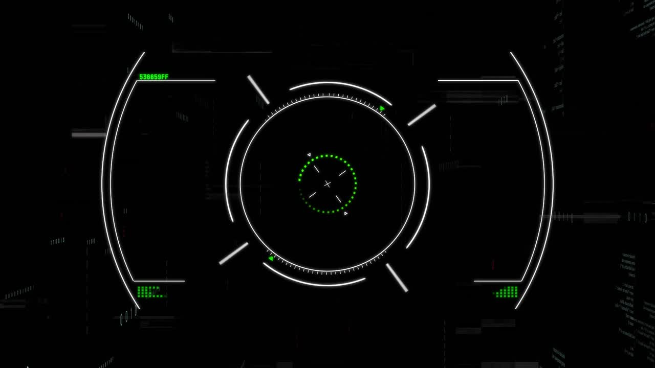 At start, HUD reticle rotating rings pulsing green arc, glitches flickering, scanning data