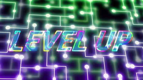 Animation-Von-Level-Up-Text-über-Neonfarbener-Computerplatine-Auf-Schwarzem-Hintergrund