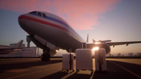 avión en el aeropuerto al amanecer o al atardecer con maletas