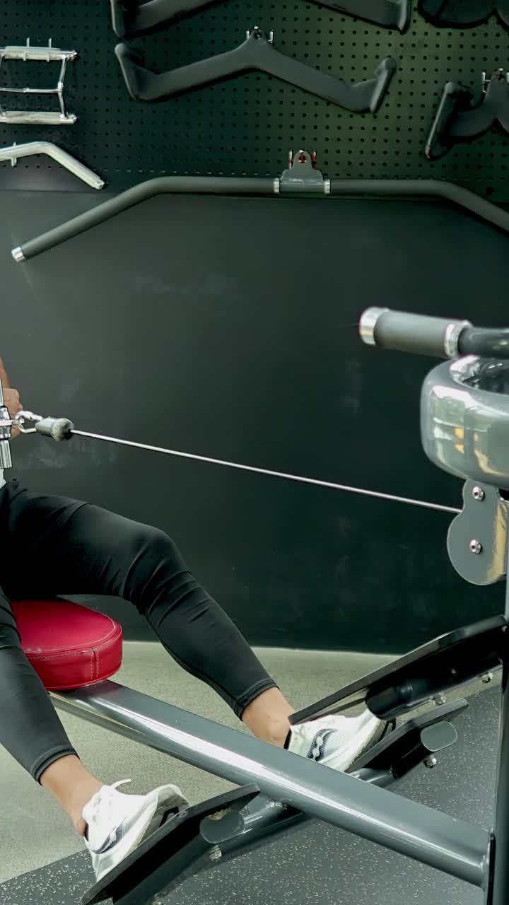 Young man in sportswear performs seated cable rows on gym equipment in bright fitness center