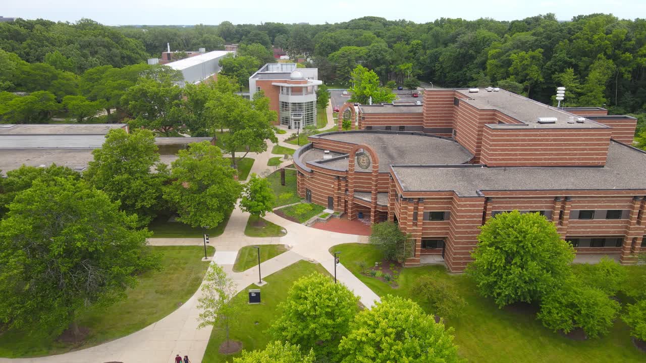 Social Sciences building and observatory in campus grounds of Michigan University