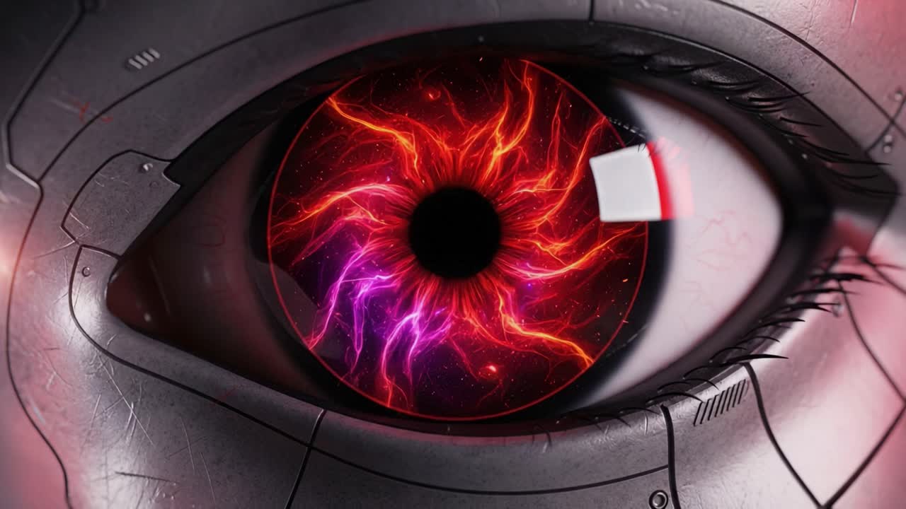 An Intricate Cyborg Eye with a Vivid Cosmic Pattern at Its Core, Merging Technology and Biological Aesthetics in a Stunning Display of Color and Detail