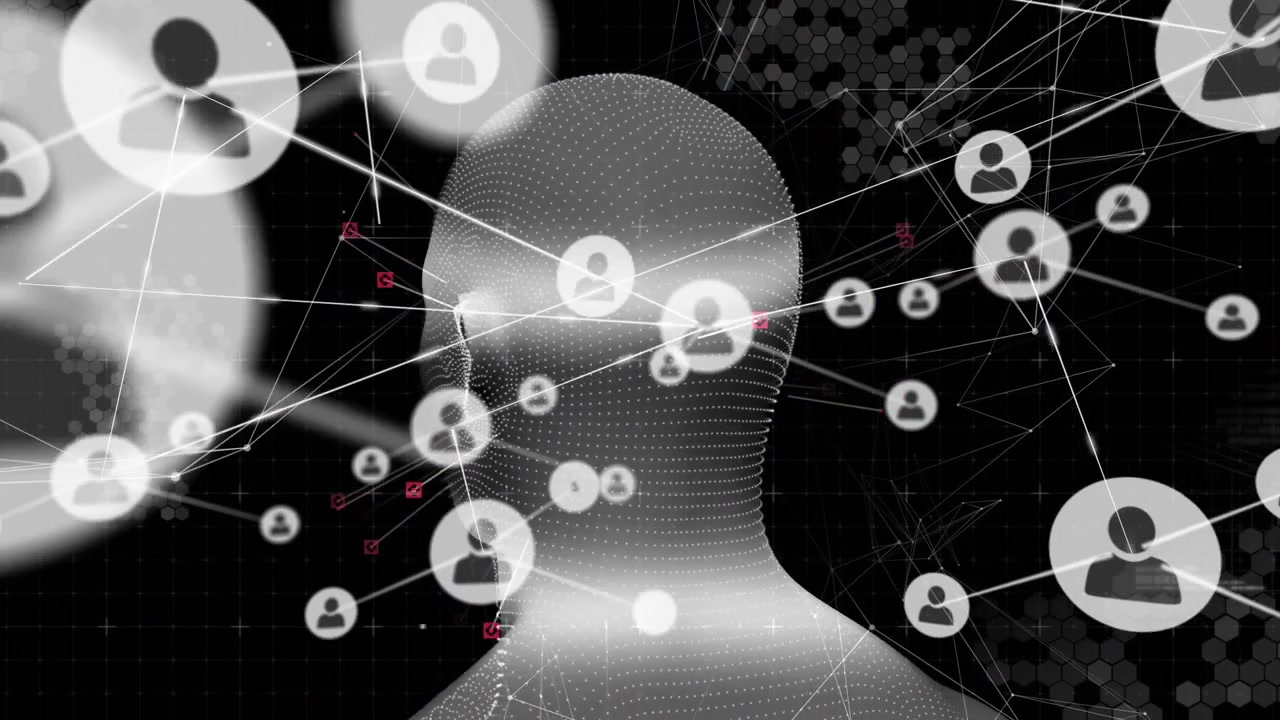 3D head mesh rotating, deploying user icons on hex grid, glitching technology network expanding
