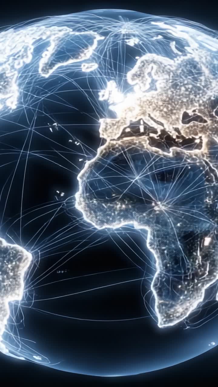 A Stunning Visualization of Global Connectivity Highlighting Africa and Europe with Illuminated Network Lines Across the World for Advanced Data Representation