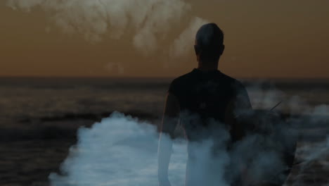 man wearing wetsuit holding surfboard standing on shoreline at sunset, with animated travel map