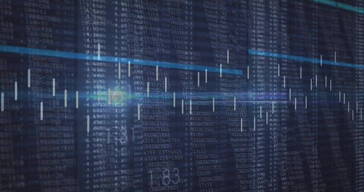Displaying scrolling redacted code columns with translucent overlays and bright cyan purple flares